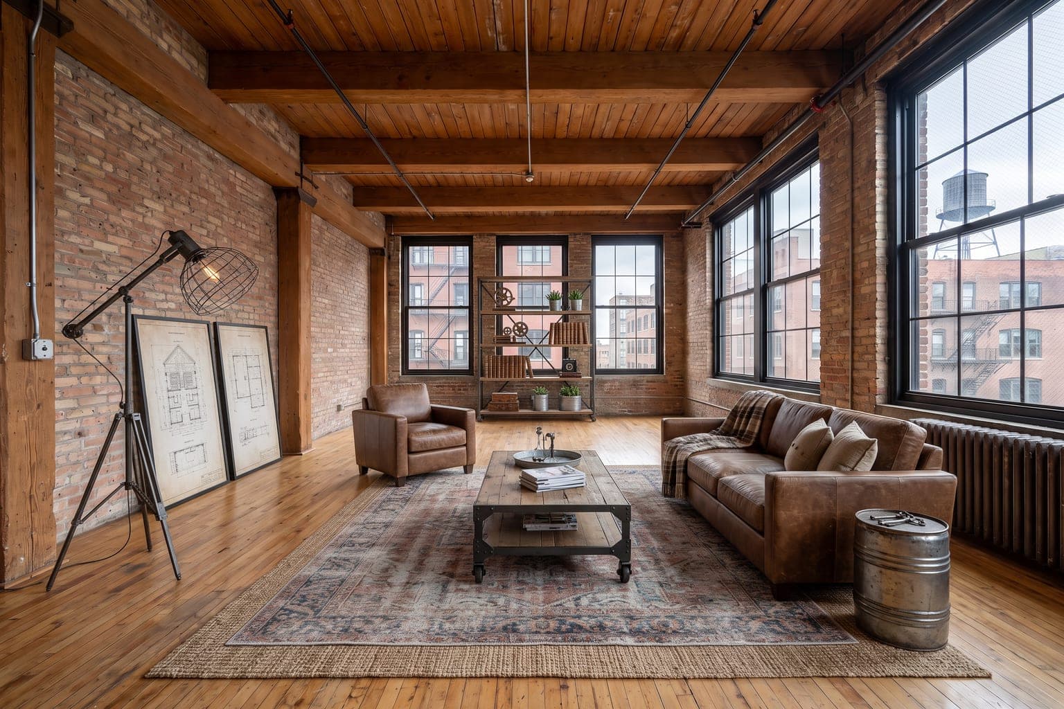 Loft living room virtually staged with AI in industrial style - brown leather sofa and armchair, wood coffee table, tripod lamp and a vintage rug