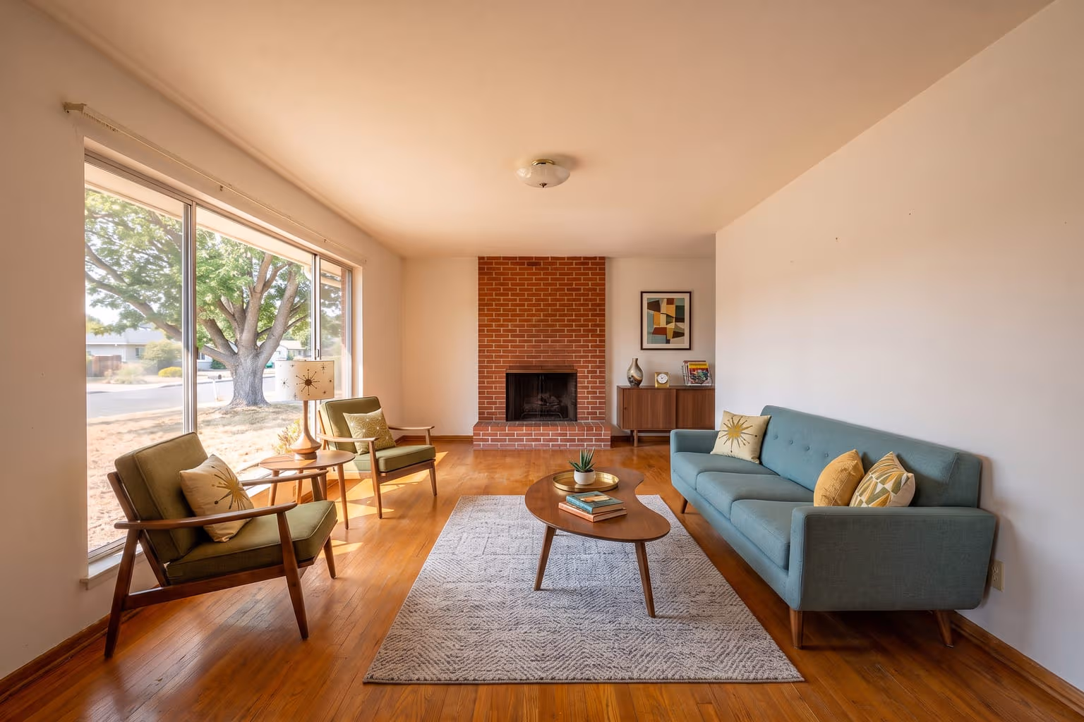 Ranch living room virtually staged with AI in mid-century modern style - teal sofa, walnut coffee table and lounge chairs